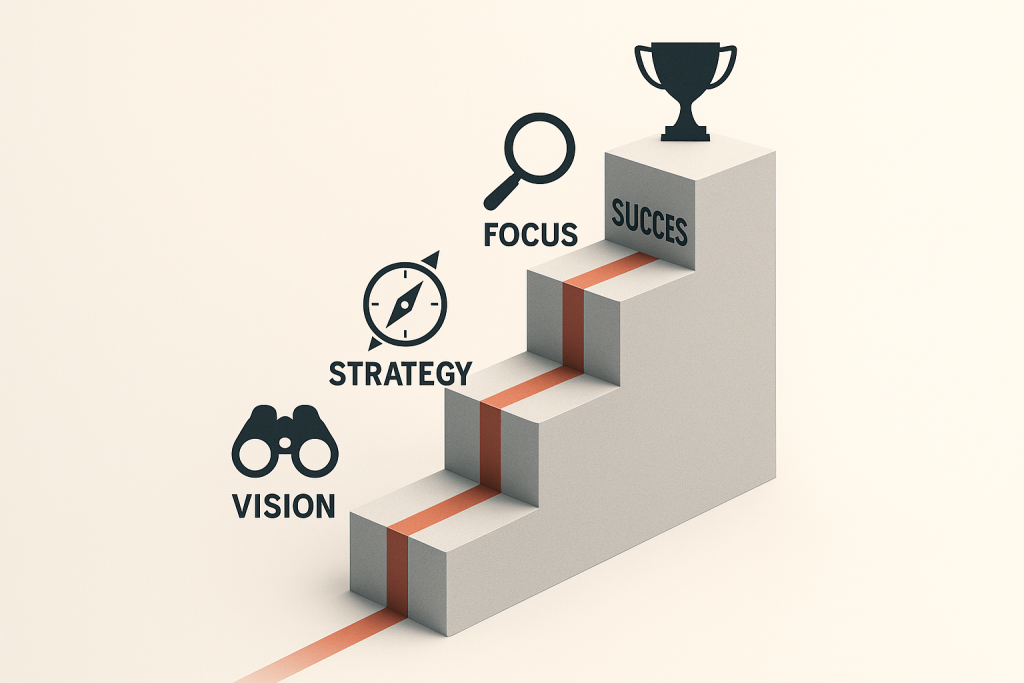 Strategisches Business Development 3 Vision + Strategie + Fokus = Erfolg
Vision gibt die Richtung vor, Strategie zeigt den Weg dorthin. Fokus sorgt dafür, dass keine Energie verloren geht. Gemeinsam führen sie zielgerichtet zum Erfolg.